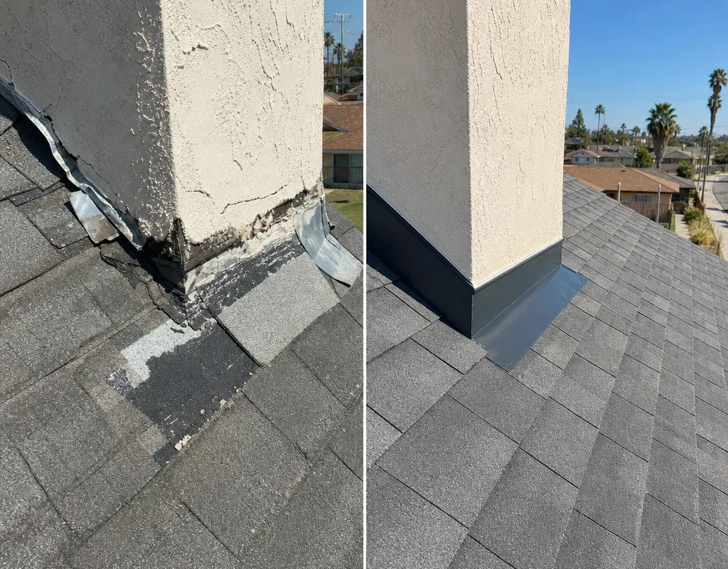 Worn patchworked shingle roof area compared with the same area after integrated flashing and matching shingle repair