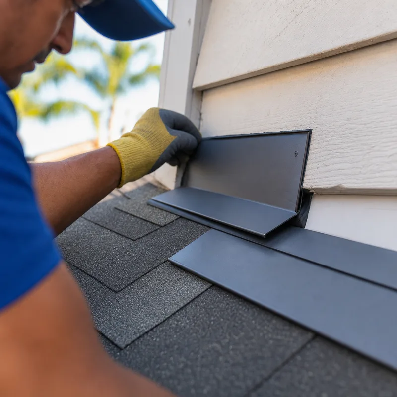 Properly installed step flashing and counter flashing at a residential roof-to-wall intersection
