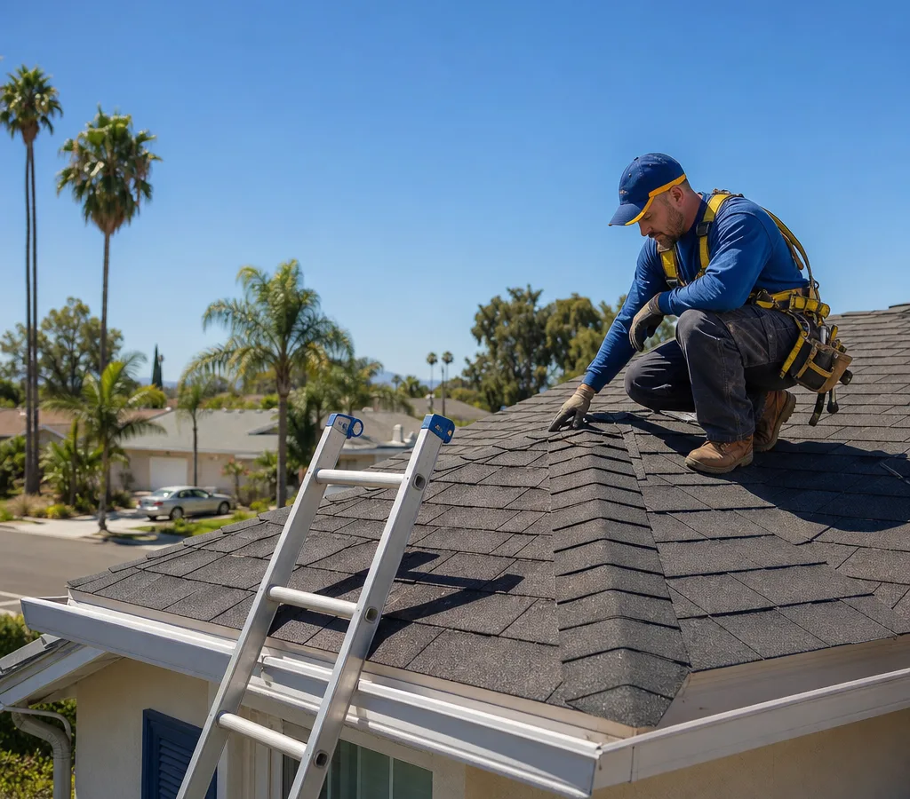 Professional roofer in safety gear inspecting an asphalt shingle roof on a Santa Ana home