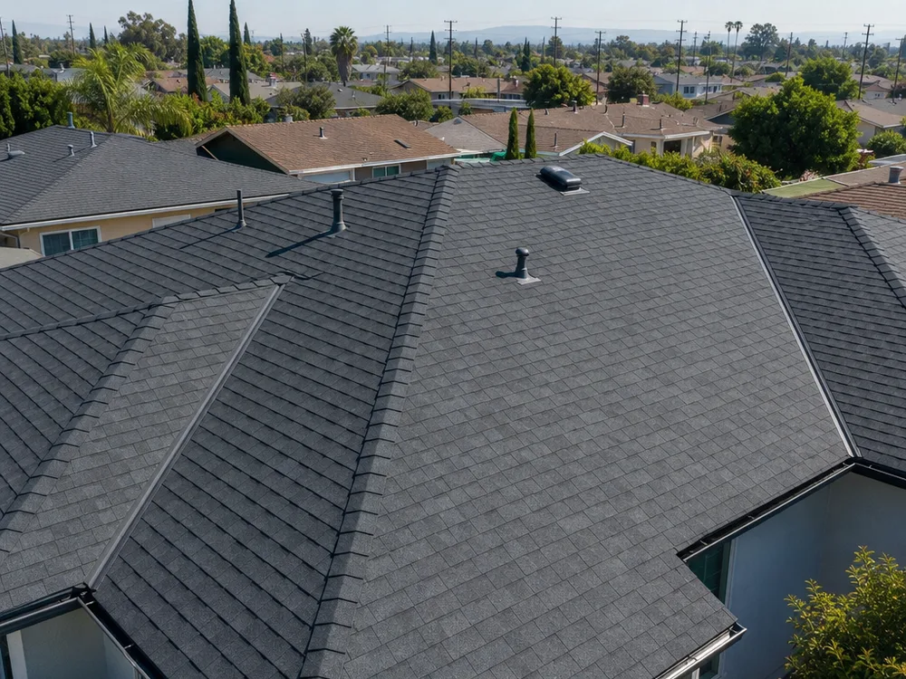 Completed residential roof replacement with clean ridgelines, properly installed vents, and crisp flashing details