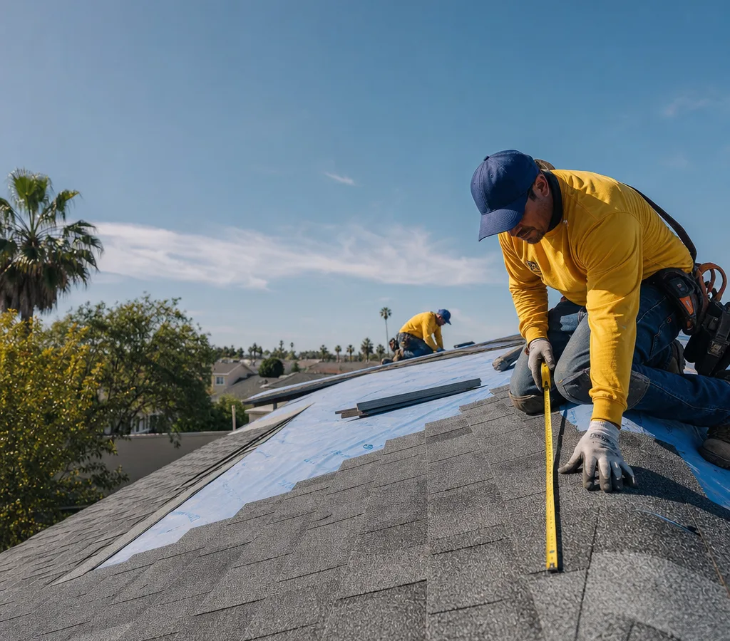 Roofing crew measuring and inspecting a sloped roof on a Santa Ana home