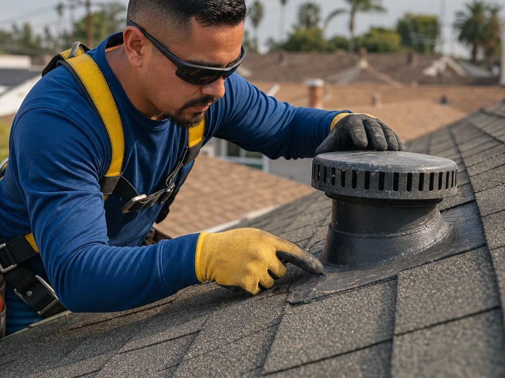 Roofer inspecting flashing and sealant around a residential roof vent