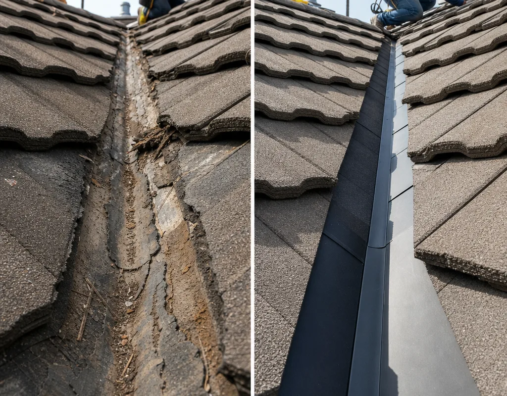 Before and after view of a worn valley detail rebuilt with new underlayment and layered flashing