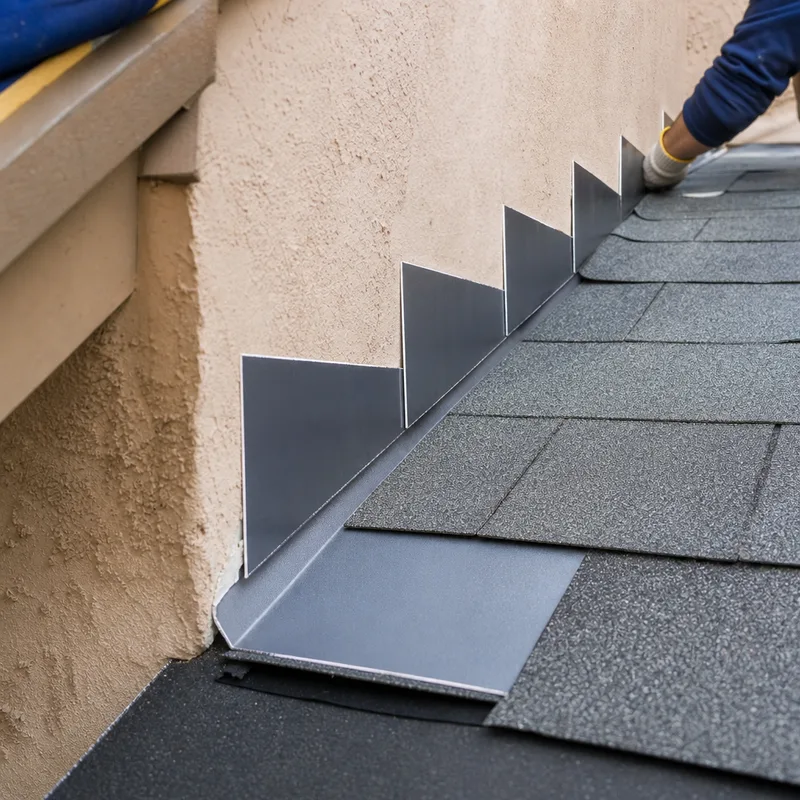 Properly layered step flashing and counterflashing at a wall-to-roof intersection