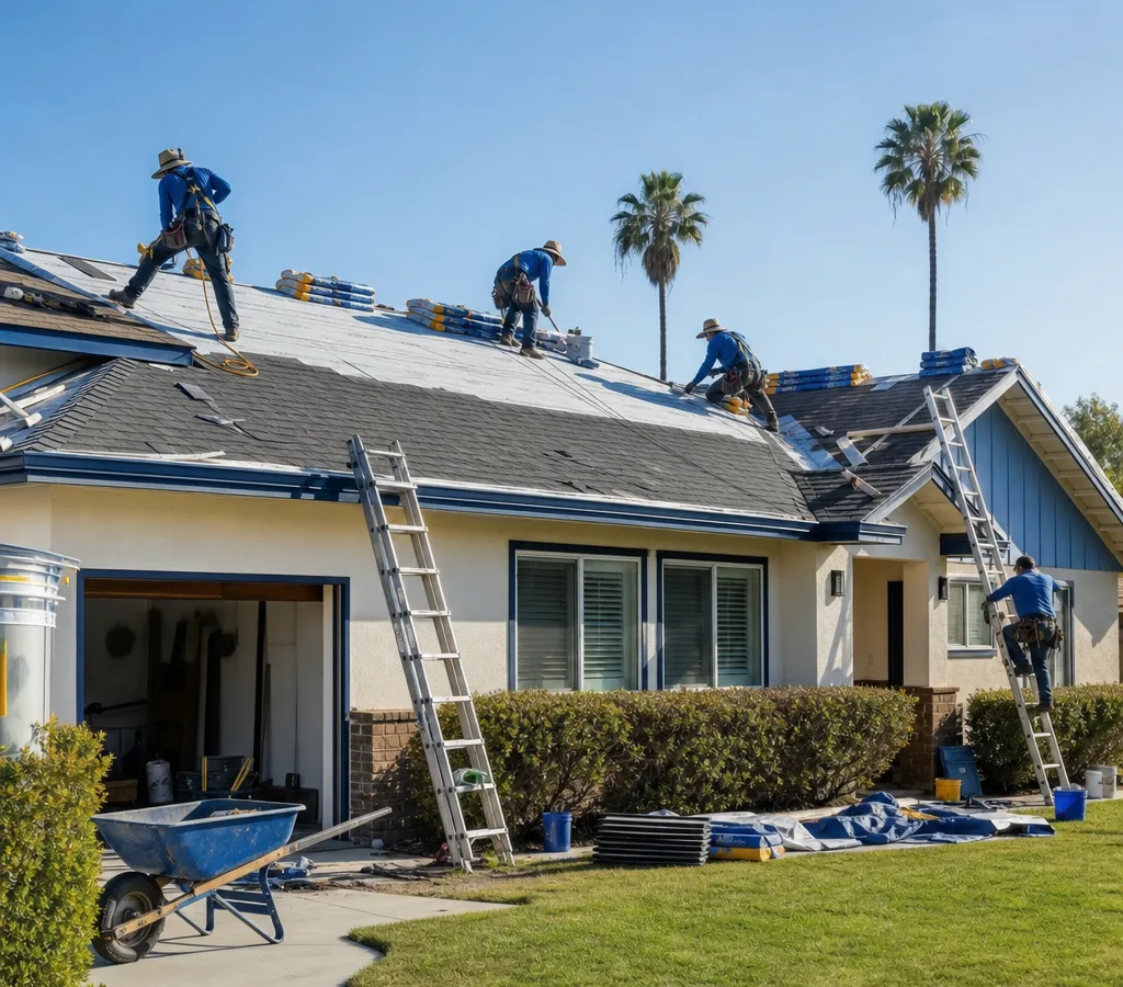 Licensed roofing crew installing underlayment and shingles on a Santa Ana home with a clean controlled jobsite
