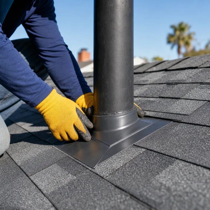 New flashing installed around a roof vent pipe with adjacent roofing properly reinstated