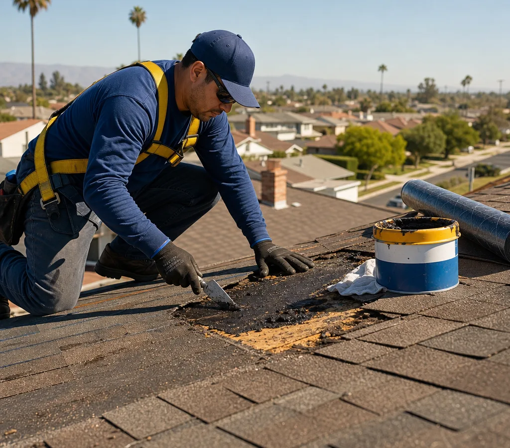 Roofer performing an active leak repair on a Southern California home with safety gear and repair materials