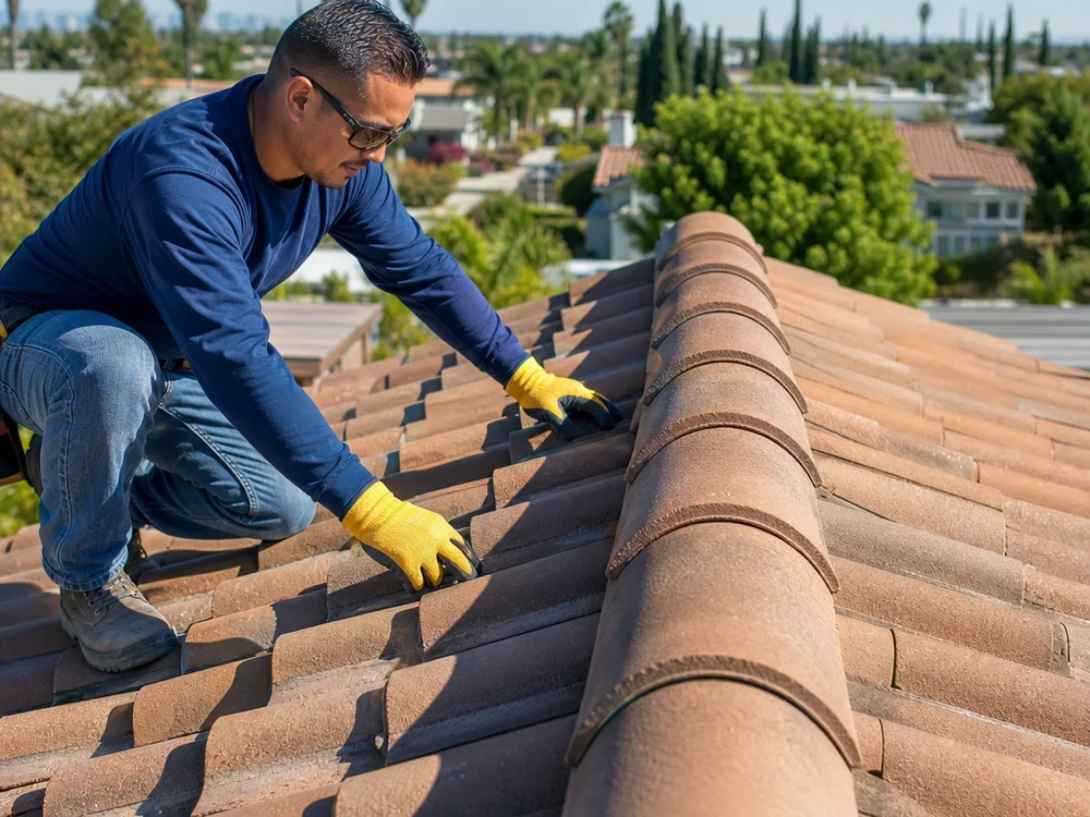 Completed tile roof repair with replaced tiles and a restored, consistently aligned ridge line