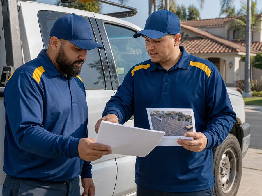Two Roofing Santa Ana crew members reviewing an assessment scope beside a work truck
